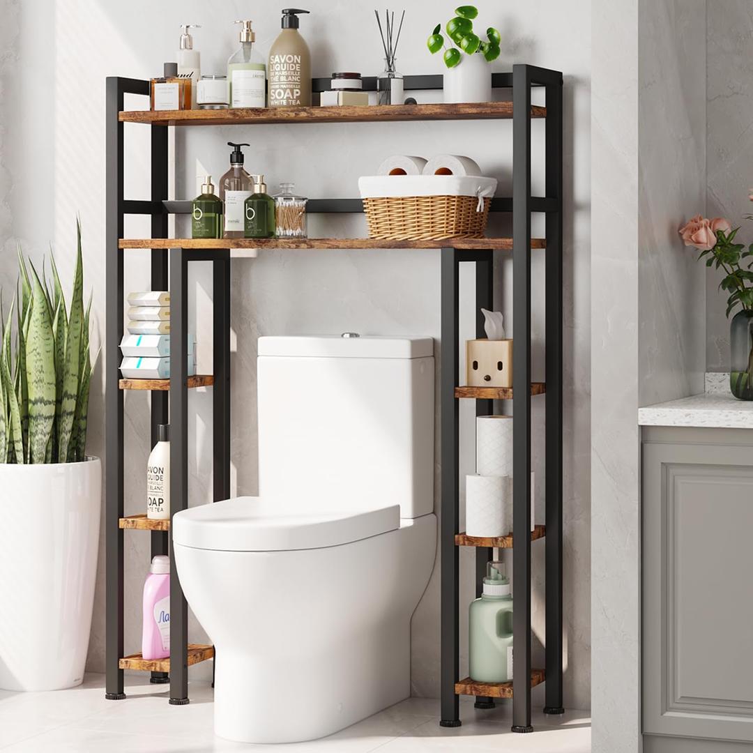 Homeiju Over The Toilet Storage Cabinet with Toilet Paper Holder Stand, 35.5'' Wide Freestanding Bathroom Organizer Space-Saving Toilet Rack for Bathroom, Restroom, Laundry, Rustic Brown, Large