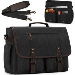 RAINSMORE Mens Messenger Bag 17-17.3 Inch Vintage Canvas Briefcase Water-resistant Large Computer Laptop Bag Rugged Satchel Shoulder Bag for Work Travel, Bookbag for College (Black)