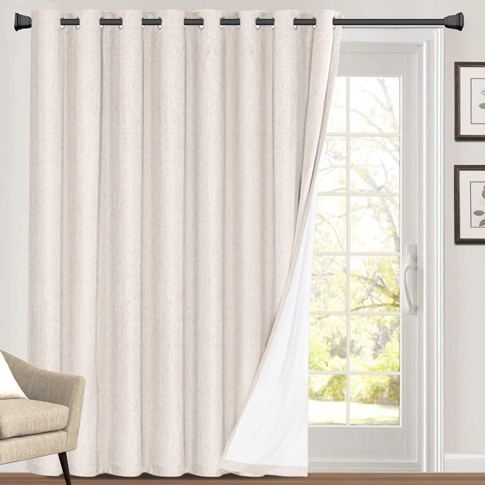 PrinceDeco 100% Blackout Curtains for Sliding Doors Blackout Curtains 84 Inches Long Thermal Insulated Linen with White Backing Sound Proof Energy Efficient for Bedroom,W100 X L84 Inch, Ivory