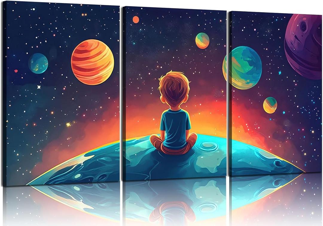 3Pcs Space Boy Canvas Wall Art Cute Inspirational Space Fantasy Wall decor, 16inx24in canvas