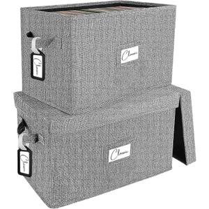 Vinyl Record Storage Box Set of 2 - for 7"/45 RPM LPs, Grey Case with Lid Holds up to 160 Albums, CD Crate Play Music Holder, File Folder Cabinet Organizer Case with Handle