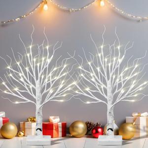 BDUSXYZ Lighted Birch Tree for Christmas Decorations  Set of 2 36 LED Light up Artificial Tree Tabletop Bonsai Tree Indoor Warm White