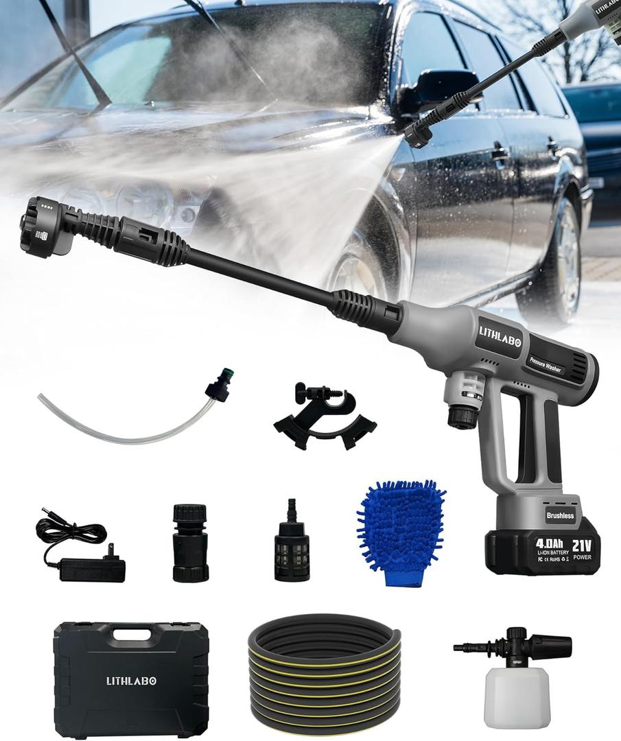 Cordless Pressure Washer 1080PSI with 4.0 Ah Battery, Portable Power Washer with 6-in-1 Nozzle,Foam Cannon, Hose, Faucet Adaptor, Handheld Pressure Washer for Car Wash Fences Driveways Patios