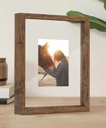 Afuly 8x10 Floating Picture Frame Rustic Wood Glass Photo Frames for Double Siede Display Hanging Wooden Frame for Wall Desk Decor Graduation Gift for Mom Grandma, Dark Brown