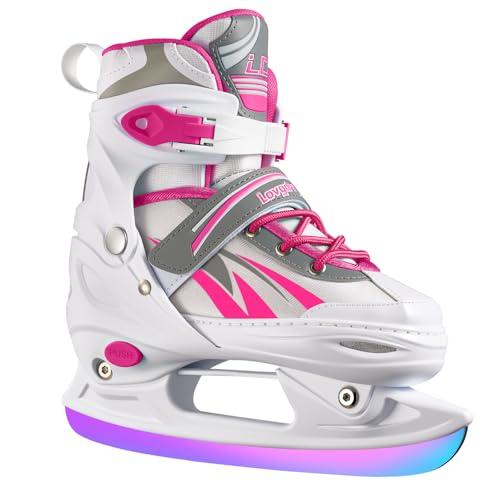 Lovydro Adjustable Kids Ice Skates for Girls Boys, 4 Size Adjustable Beginners Ice Hockey Skates for Children Youths Teen Ages 3-12, Toddler Girls Ice Skating Shoes with Comfortable Lining, White Pink Size L
