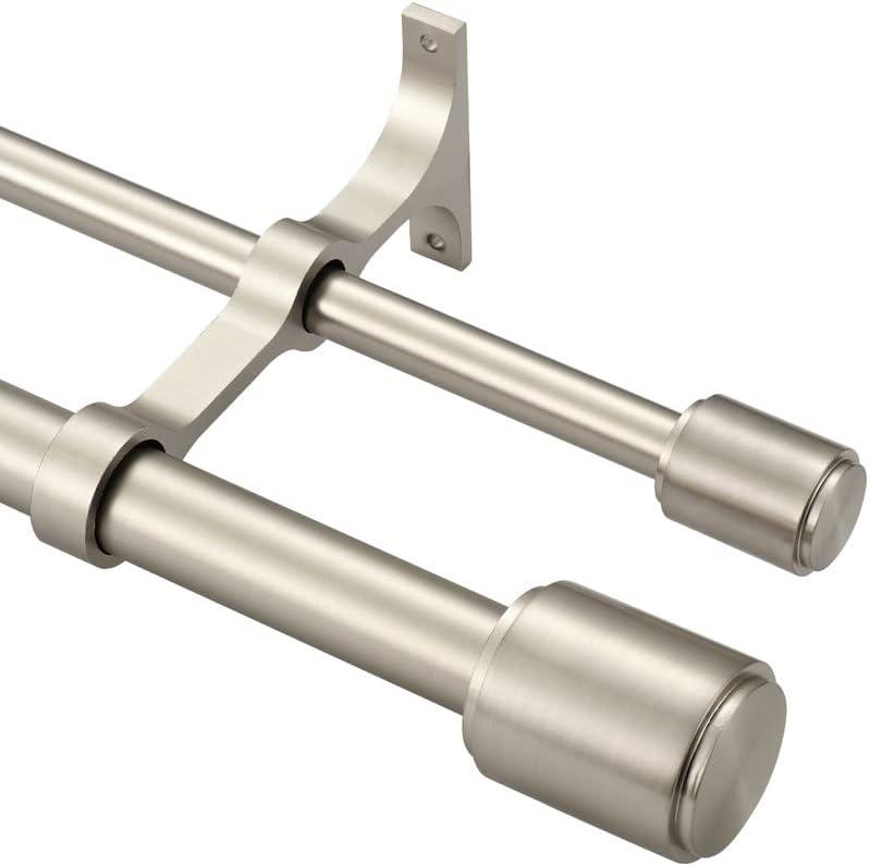 Double Curtain Rods 72-144", Brushed Nickel Double Curtain Rods with Cap Finials, 1 Inch Front and 5/8 Inch Back Double Drapery Rod, Adjustable Dual Curtain Rod Brushed Nickel Double Window Rods