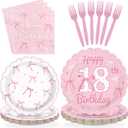 96Pcs Pink Bow Party Supplies Coquette 18th Birthday Party Plates and Napkins Disposable Bow Themed Tableware Set for Girl Happy 18th Birthday Graduation 2026 Decorations, Serves 24
