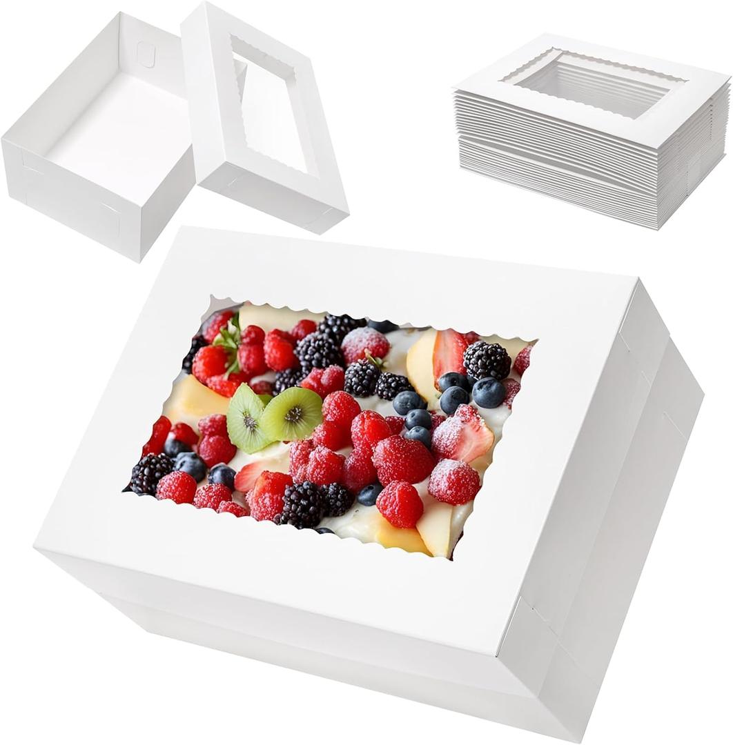 Mefleet 10pcs 14x10x6 Cake Boxes with Window Rectangle Quarter Sheet Bakery Boxes for Pastry Baking Cake, Cupcakes, Donuts, Cookies, Pie Treat Packaging White Large
