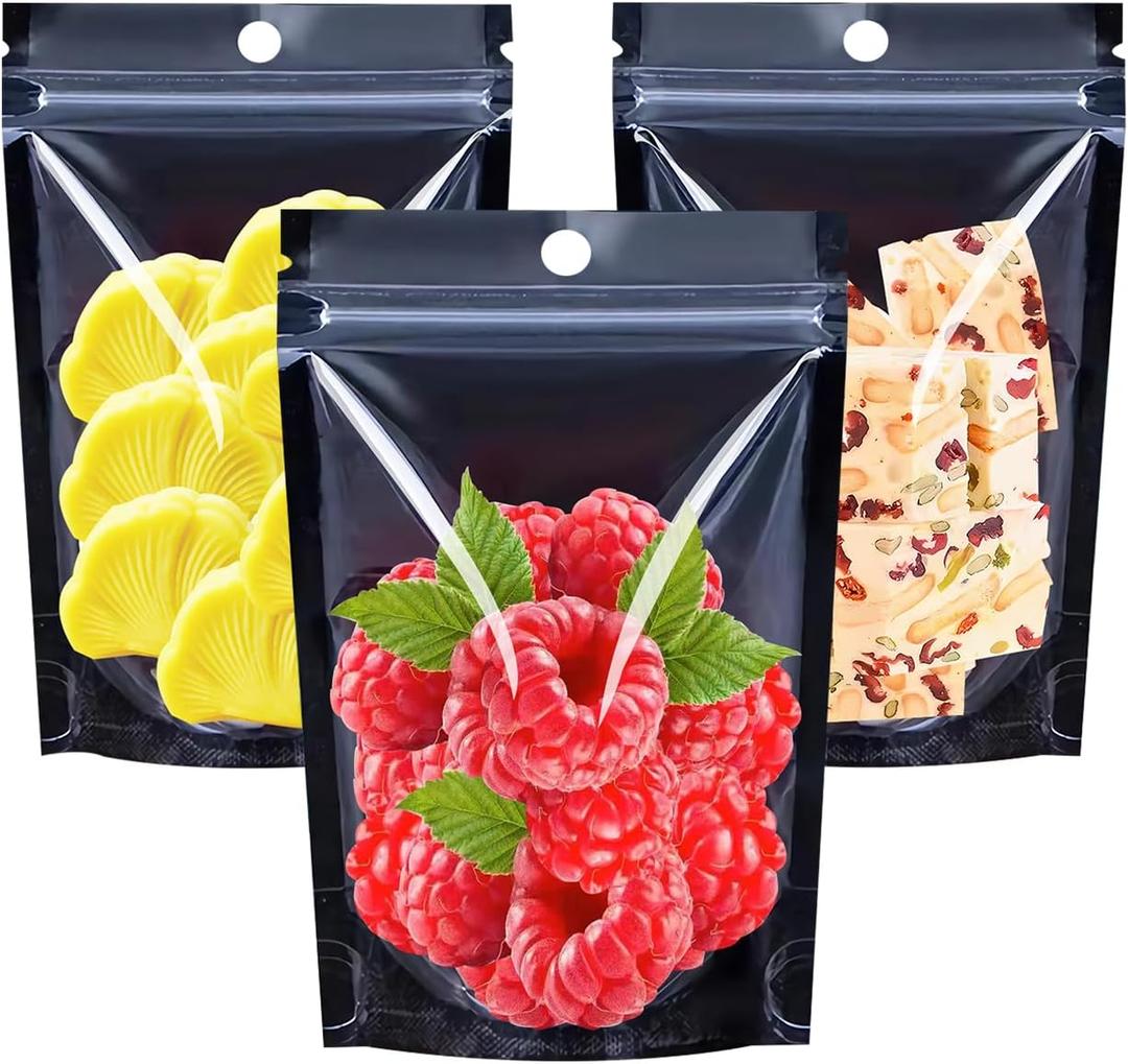 100PCS Resealable Mylar Food Storage Bags, Black Smell Proof Foil Bags with Clear Front Window,7.9x11.8 Inch Stand Up Pouches Reusable Bag for Small Business ,Coffee, Party Favors, Cookies.