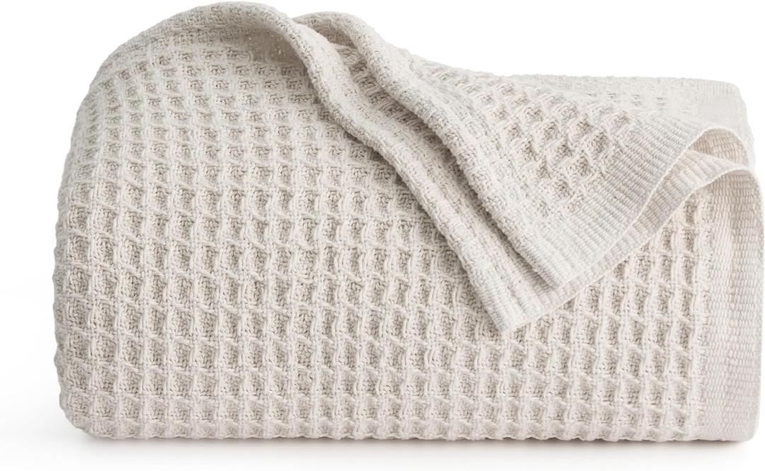 Bedsure 100% Cotton Large Throw Blanket for Couch 50x70 inches - Breathable and Soft, Waffle Weave Throw Blanket for Office, Khaki (a Little Bit Yellow)