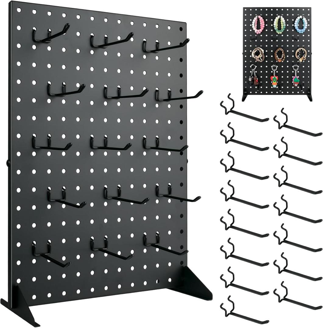 Metal Pegboard Display Stand With 15 Peg Board Hooks Accessories, Desk Pegboard Panels, Merchandise Display Rack for Selling Accessories Vendors & Events Retail Craft Shows & Fairs (17x3Inch), Black
