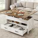 40" Lift Top Coffee Table, 4 in 1 Coffee Table with Hidden Compartment, 1 Open Shelf and 2 Drawers, Multifunctional Farmhouse Center Table for Living Room and Home Office, Brown and White