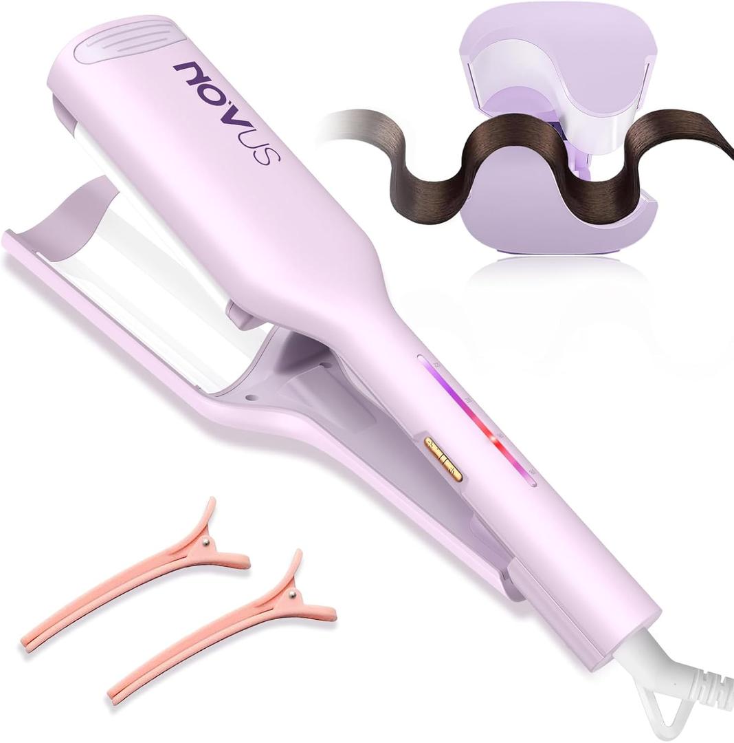 NOVUS Curling Iron Hair Crimper Waver - 1.25 Inch Anti-Scald Rovy Waves Curling Wand, Ionic Deep Waver Hair Curler Tool with Ceramic 2 Barrel for All Hair Types, Auto Shutdown Protection (Purple-1.25 Inch)