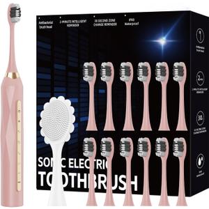 Sonic Electric Toothbrush Set, 12 Brush Heads (4 Years Use) and 1 Face Massage Brush Head, 42000 VPM Motor, 5 Modes and 2 mins Timer, One Charge for 90 Days Whitening Toothbrush for Adults and Kids (Pink)