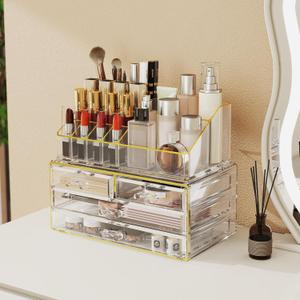 Delamu 2pc 4-Drawer Makeup Organizer Countertop Cosmetic Storage for Vanity | Bathroom | Skincare | Perfume Storage, Casual Pairing No Assembly, Ideal Gift for Women, Clear with Luxe Gold Trim