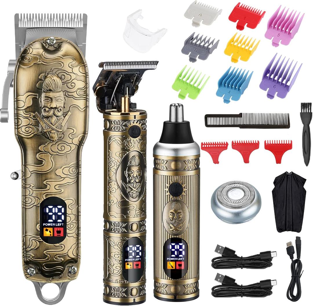 Lanumi Hair Clippers for Men Cordless Hair Trimmer Beard Trimmer/Nose Trimmer Professional T-Blade Trimmer USB Rechargeable Hair Cutting Grooming Kit Barber Clippers Set LED Display (Gold)