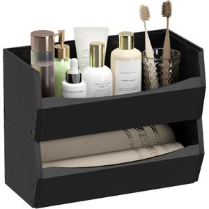 2 Set Open Front Stackable Storage Bins, Bamboo Stacking Storage Bins Food Vegetable Makeup Containers, Organizer Bins for Kitchen, Bathroom, Office, Cabinet, Countertop Storage (Long Black)