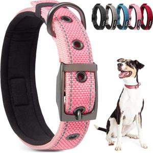 PetiFine Neoprene Padded Dog Collar, Heavy Duty Comfort Dog Collar with Durable Metal Buckle, Reflective Adjustable Belt Buckle Dog Collars for Medium Dogs(14.5''-19'', Pink)