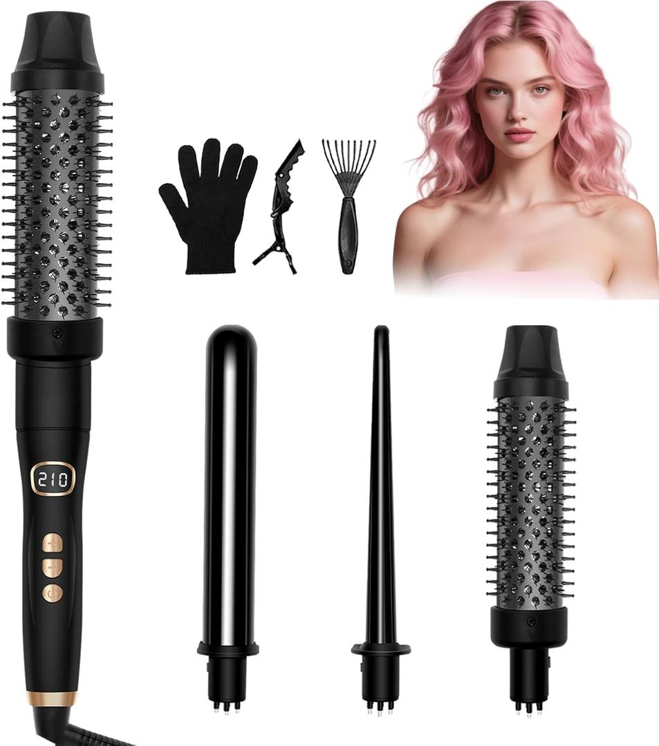 3 in 1 Curling Iron Set, Heated Round Brush for Straightening Curling Detangling, Ceramic Curling Wand for Versatile Styling, Dual Voltage Curling Iron Travel Friendly (Black)