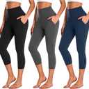 NEW YOUNG 3 Pack Capri Leggings for Women with Pockets-High Waisted Tummy Control Workout Gym Yoga Pants (Small-Medium, 1-black/Dark Gray/Navy Blue)