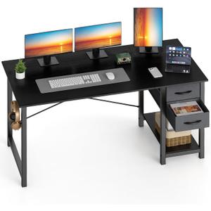 Sweetcrispy 48 Inch Computer Desk with Drawers for Home Office, Writing Desk with X-Shaped Reinforcement, Wood Table with Adjustable Position Drawers, Modern Study Work Table with Side Hook, Black