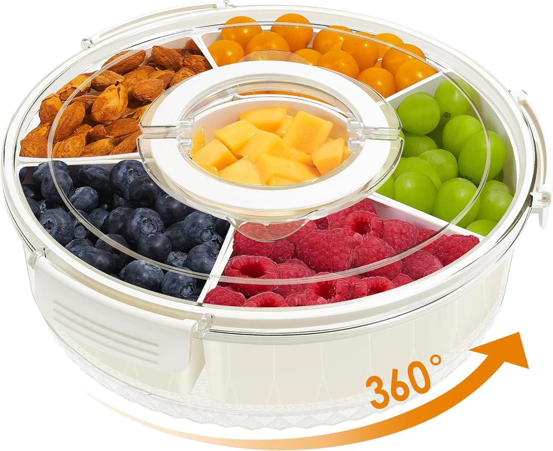 Divided Serving Tray with Lid and Handle, 360 Rotating 6.6L Large Capacity Snackle Box Container with Dividers, Portable Snack Boxs for Fruit Veggie Salad, Beach Essentials Ideal for Picnic (12"x12"x4.3"- 6 Compartments)