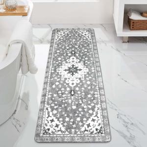 Uphome Boho Vintage Bathroom Rug Runner Gray Non-Slip Soft Long Bath Mat Machine Washable Oriental Bathroom Mats Traditional Tribal Floral Bath Rugs for Sink Shower Tub, 20x59 inch (Grey)