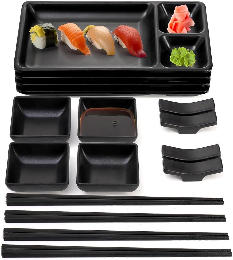 16 Piece Japanese Sushi Plate Set, Melamine Sushi Serving Set, Sushi Dinnerware Set - Includes 4 Sushi Serving Plates, 4 Sauce Dishes, 4 Pairs of Chopsticks, 4 Chopstick Holders (Black)