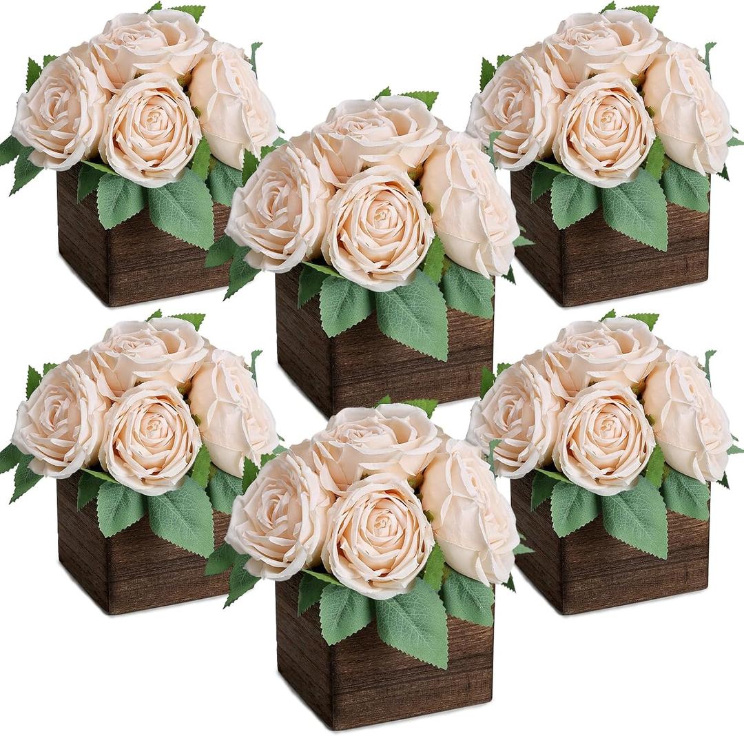 Dining Table Centerpiece Set of 6 - Pre-Made Artificial Rose with Wooden Vase Fake Floral Arrangement Faux Flower for Wedding Bridal Tea Party Event Decorations - Champagne