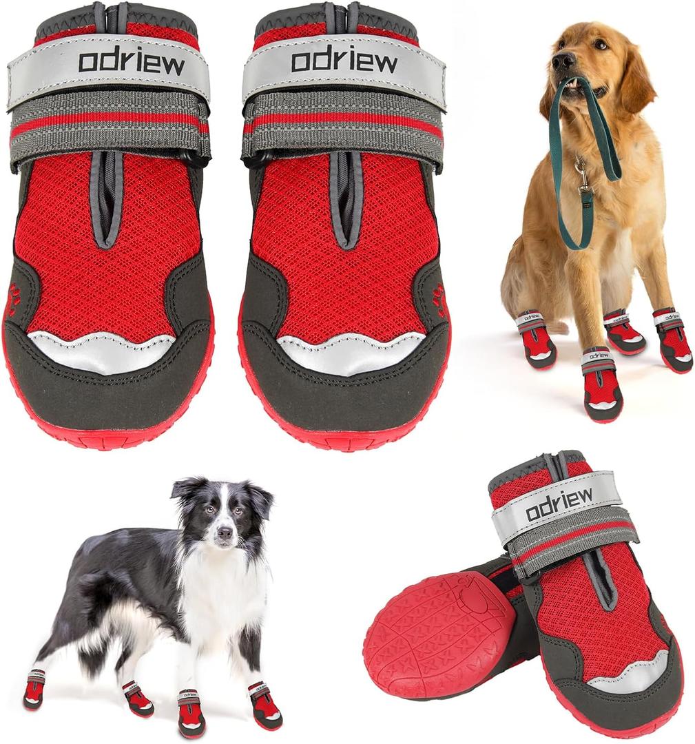 Dog Shoes Large Size Dogs, Medium Dog Booties-Dog Boots & Paw Protectors, 4PCS Shoes for Dogs with Reflective Strip, Anti-Slip Sole for Hot Pavement, Rain, Snow Walking, Hiking. (Reds, 1)