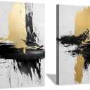 Black White Gold Abstract Wall Art Gold Foil Canvas Wall Art Black Grey And Gold Black White Grey Pictures Black Brush Stroke Wall Art Modern Abstract Picture Living Room Decor 16x24inchx2 Framed