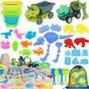 Beach Toys, 36Pcs Dinosaur Sand Toys for Kids Toddlers, Sandbox Toys with 2 Truck, Collapsible Beach Bucket, Mesh Bag, Sand Molds, Sand Castle Building Kit, Travel Beach Toy for Kids Toddlers Ages3-12