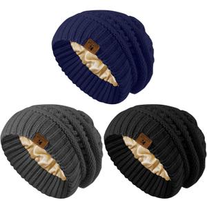 3 Pack Satin Lined Beanie for Women Men Winter Slouchy Cap Adult Soft Knit Hat with Satin Lining One Size Fits Most (Black, Grey, Dark Navy)