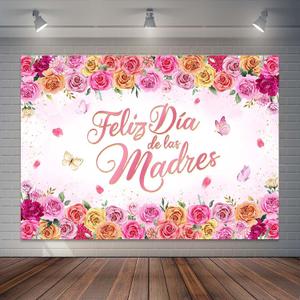 Feliz Dia De Las Madres Backdrop Hot Pink Floral Spanish Mother's Day Party Decorations Happy Mother's Day Photography Background Cake Table Banner (7x5ft)