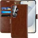 MONASAY Wallet Case Fit for Samsung Galaxy S25 5G, [Lens & Glass Screen Protector Included] [RFID Blocking] Flip Folio Leather Cell Phone Cover with Credit Card Holder, 6.2 inch, Brown