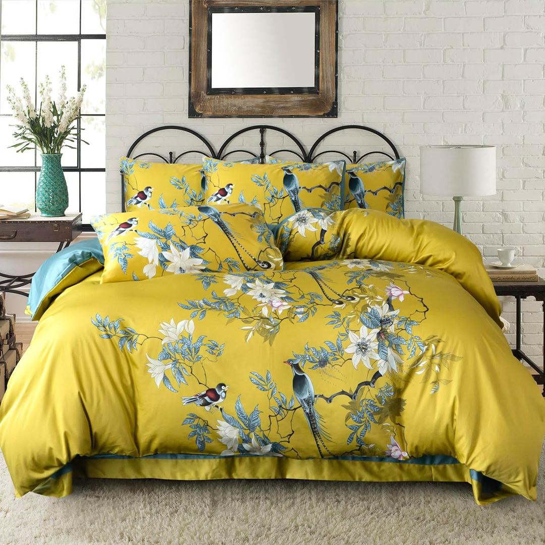 King Duvet Cover Floral Birds Soft Cotton 3 Pieces Bedding Set Chic Garden Tree Branches Flowers Pattern King Duvet Cover Flower with Zipper Closure Luxury Soft Breathable Comfy