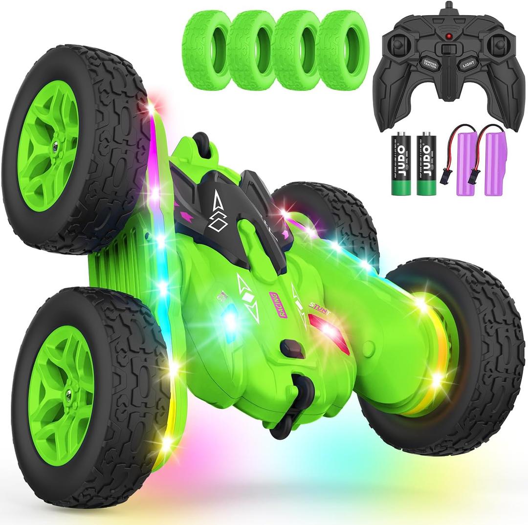 Remote Control Car, Rc Cars Stunt RC Car Toys Upgraded Strip Lights and Headlights Kids Toys Double-Sided 360 Rotating 4WD Drift Truck for Boys Girls Birthday Gift (Green)