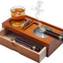 Ashtray, Wooden Ashtray With Cutters, Including Mobile Phone Tablet Holder, Cigar Drawer And Cigar Slot, The Perfect Accessory Set For Men (Dad/Husband/Birthday)