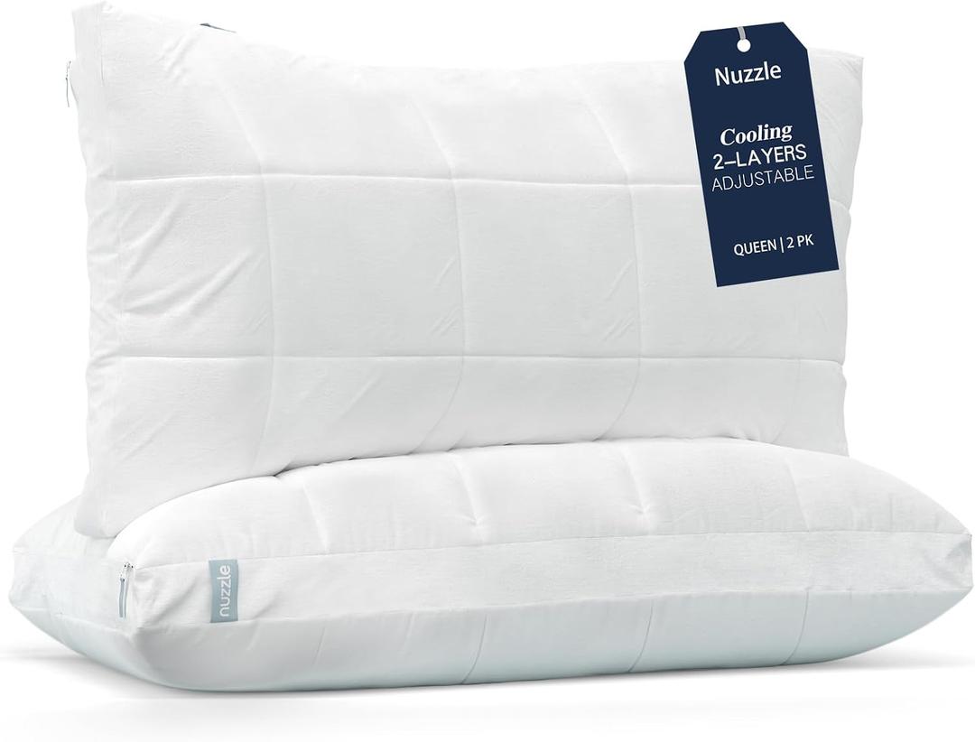 Nuzzle Cooling Adjustable Pillows Queen Size Set of 2 for Side Sleepers, Luxury Bed Pillows Hotel Collection - Best Adjust Height Soft Firm Pillows for Back, Stomach and Side Sleepers (White)