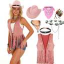Womens Western Cowgirl Costume Cowboy Outfits Tassels Fringe Vest Hat 7pcs Set, Size: Small