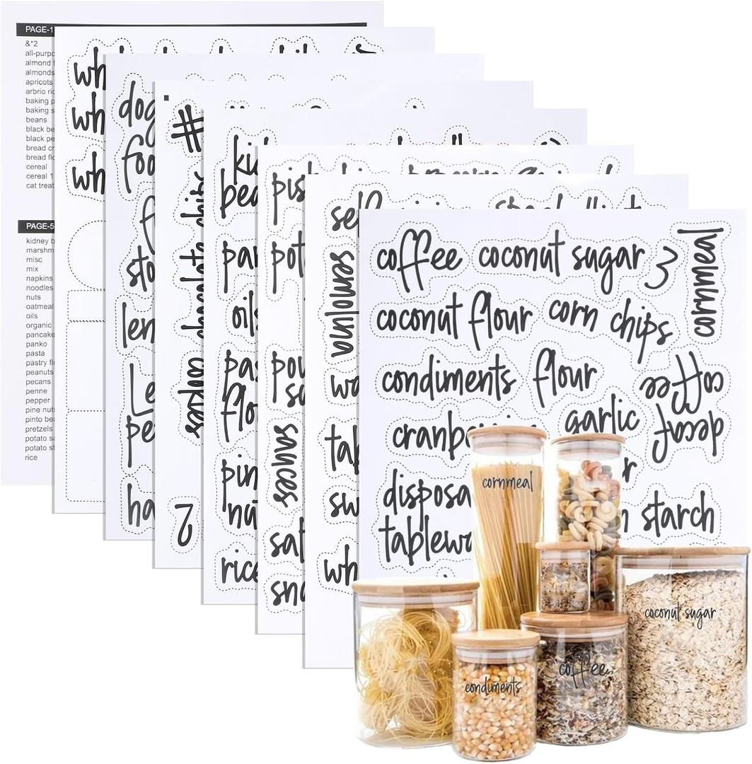 168PCS Food Pantry Labels, Kitchen Container Storage Labels, Kitchen Pantry Label for Food Containers, Preprinted Black Script Vinyl Stickers for Organization Canisters, Jars, Boxes and Bottles
