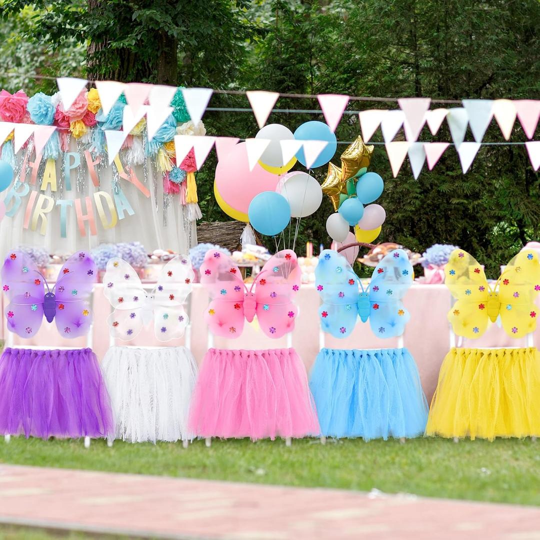 Honeydak 20 Pcs Chair Decorations for Party Chair Tulle Tutu Butterfly Fairy Wings Baby Shower Party Adjustable Princess Slipcovers Kids Girls Bridal Garden Decor