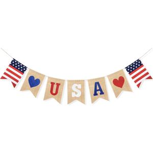 Uniwish USA Banner Burlap Bunting 4th of July Decorations American Independence Day Celebration Red White and Blue Theme Party Decoration Supplies