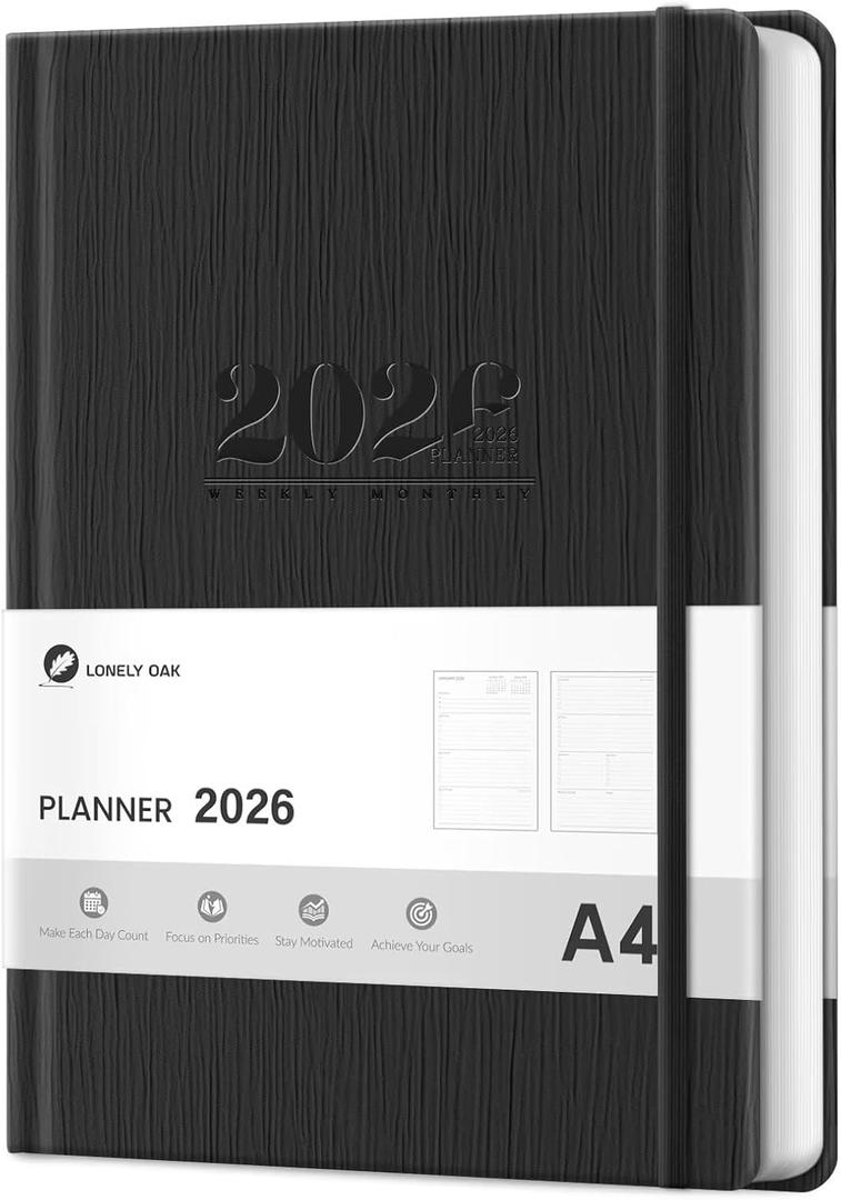 2026 Planner, Large Weekly and Monthly Planners, A4 Faux Leather Daily Calendar 2026 Planner, 12 Month Agenda from Jan. to Dec., Hardcover Habit Tracker Journal(Black)