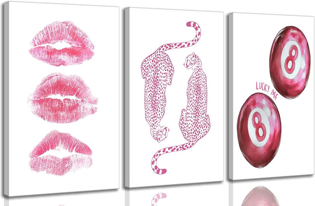 3Pcs Trendy Pink Leopard Canvas Wall Art Funky Retro Fashion Cheetah Kiss Lips Lucky 8 Ball Aesthetic Painting Pictures Wall Decor Poster Prints Artwork for Girls Dorm Living Room Bedroom