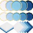 150 Pcs Blue Plates and Napkins Tableware Serves 50, 9 Inch & 7 Inch Gradient Blue Scalloped Edges Paper Plate and Napkins Set for Wedding Baby Shower Bridal Shower Birthday Party