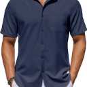 COOFANDY Mens Button Down Shirts Short Sleeve Stain Shield Dress Shirts Business Casual Shirt with Pocket (Medium, Navy Blue)