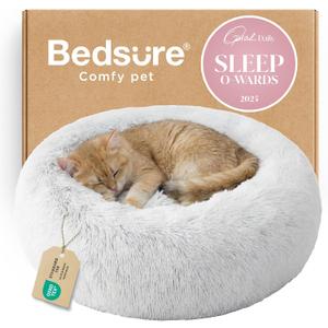 Bedsure Calming Cat Beds for Indoor Cats - Small Cat Bed Washable 20 inches, Anti-Slip Round Fluffy Plush Faux Fur Pet Bed, Fits up to 15 lbs Pets, Frost Grey