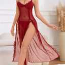 Foxiny Sexy Side Split Long Lace Sheer Lingerie Dress V Neck Night Gowns with Thong 2 Piece Set (Red, XXL)