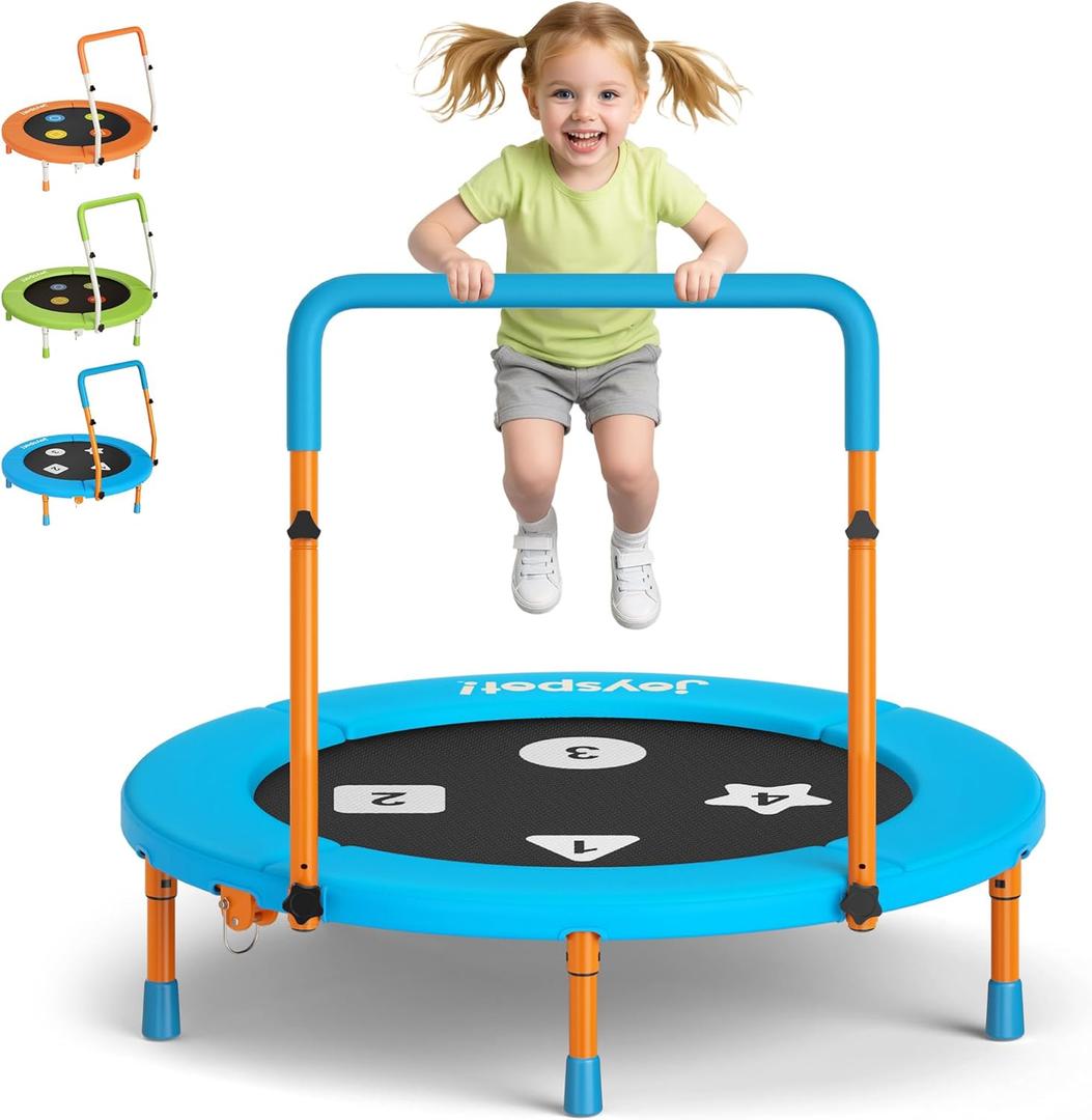 JOY SPOT 3FT Toddler Trampoline with Adjustable Handlebar, 36" Foldable & Spring-Free, Mini Kids Indoor Outdoor Trampoline for Ages 1-6, Noiseless Jumping Mat, Safe & Sturdy Design, Supports Up to 100 lbs (Blue)